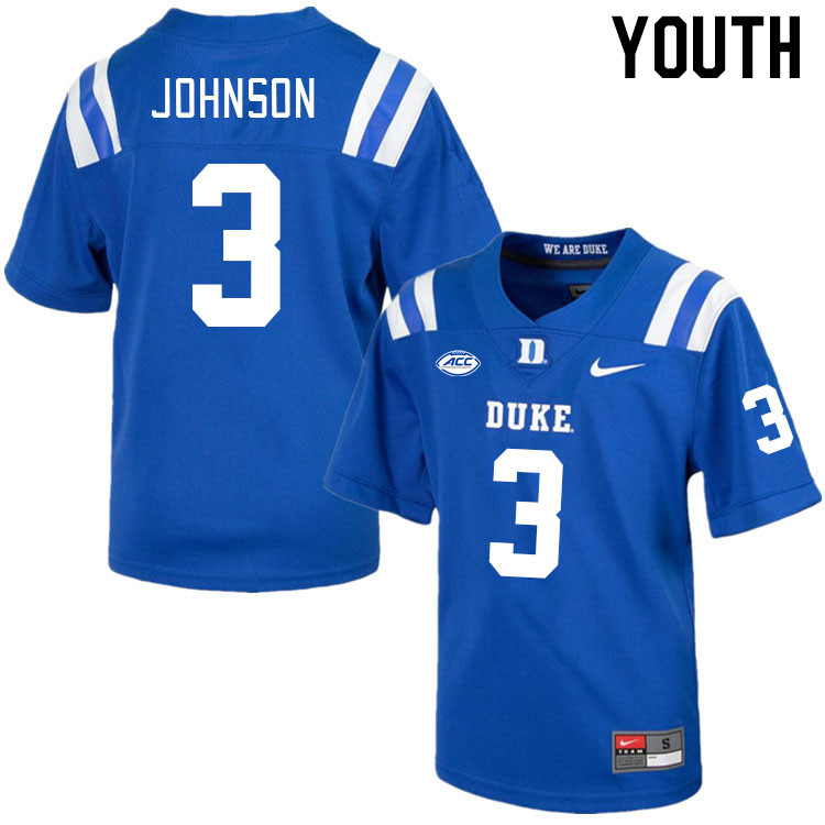 Youth #3 Brandon Johnson Duke Blue Devils College Football Jerseys Stitched-Royal